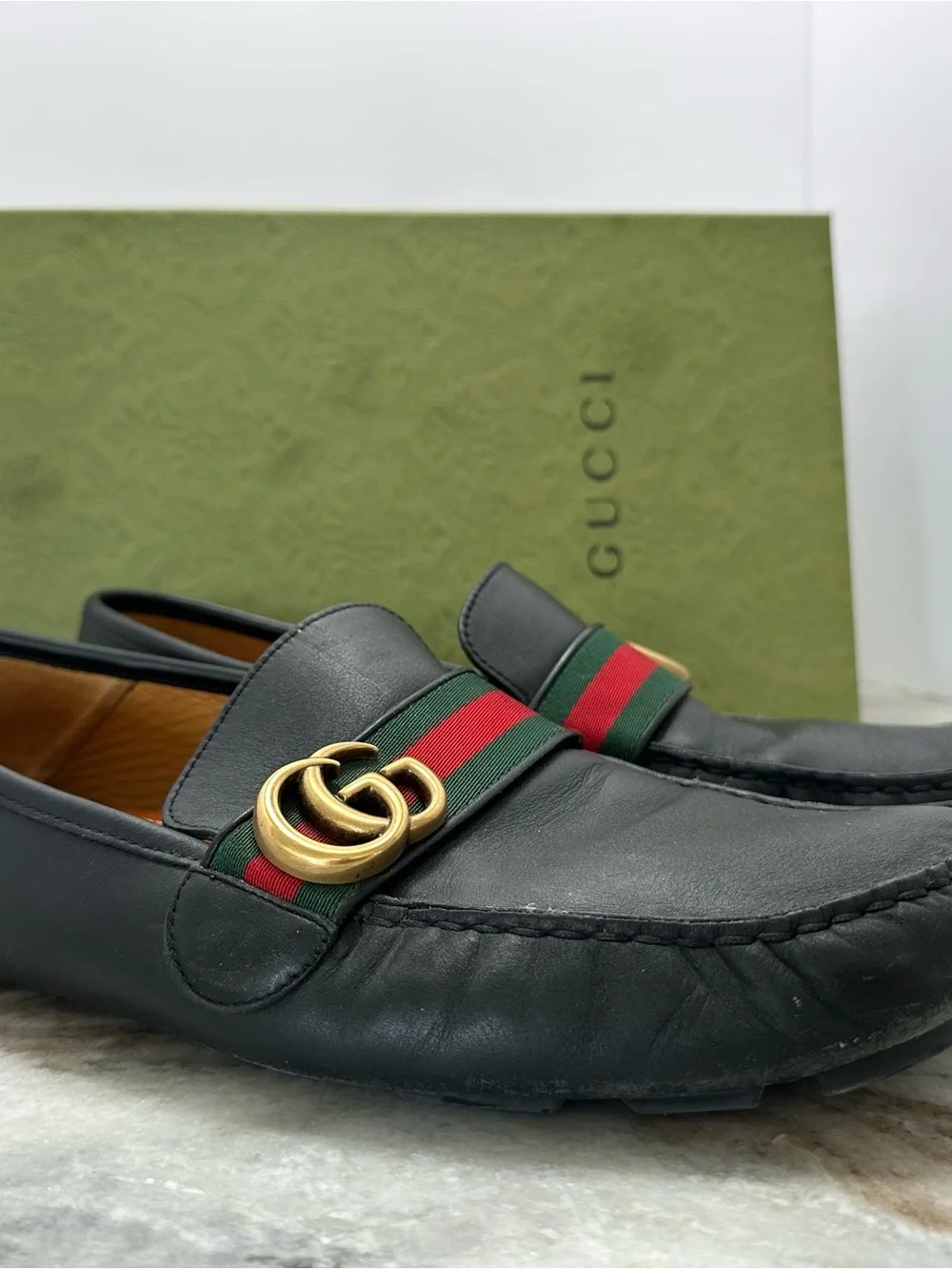 Gucci Black Leather Loafers with Green and Red Web & Gold Double G